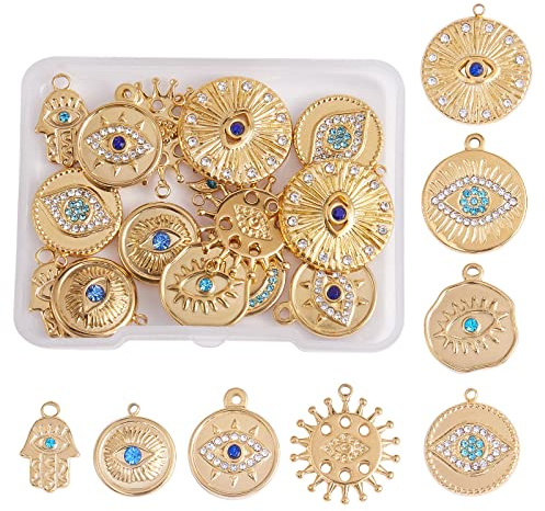 COGCHARGER 16 Pieces Evil Eye Charms 304 Stainless Steel Round Hamsa Hand Evil Eye Rhinestone Pendants for DIY Jewelry Making