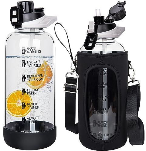 Seekua 2l Sport Trinkflasche Glas Flasche mit Strohhalm & Zeitmarkierung auslaufsicher bpa frei 2 liter Große Wasserflasche Motivation mit Schutzhülle für Smoothie, Früchte Kohlensäure geeignet