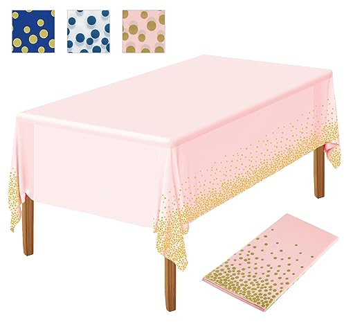NEBURORA 1 Pack Pale Pink Gold Dot Party Tablecloth Plastic Tablecloth 137x274cm Gold Dot Confetti DisposableTable Cover Rectangular Party Table Cover for Picnic,Baby Shower,Halloween,Birthday