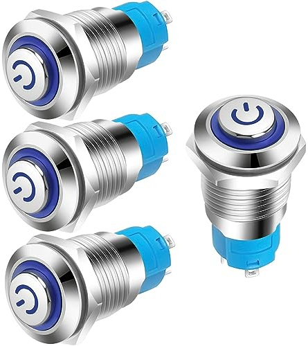 Gebildet 4pcs 12mm 3A 12-24V IP65 Botón a Prueba de Agua con luz Indicadora LED Enganche Botón de Metal (Cabeza Alta)