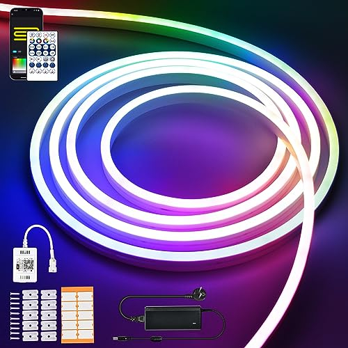INDARUN Neon Led Strip 3m, RGBIC Neon LED Streifen 3m Wasserdicht IP67, WiFi LED Streifen 12V 5A 3m 96 LED/Meter mit Fernbedienung, kompatibel mit Alexa, für Zuhause, Party, Raumdekoration