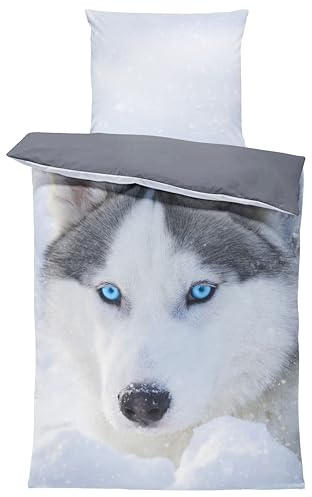 one-home Bettwäsche 135x200 cm Mikrofaser Bettbezug Fotodruck modern weich und kuschelig für Sommer und Winter geeignet, Farbe:Schnee Hunde Husky grau, Größe:2 teilig 135x200 cm
