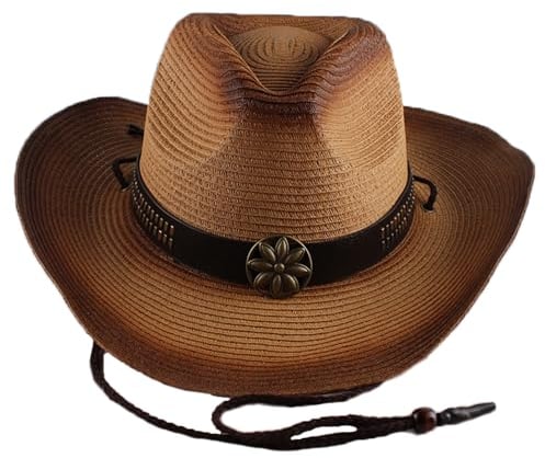 PIDUDU Cowboy-Strohhut, klassischer Filzhut mit breiter Krempe, Western-Stil und Cowgirl-Hut mit Schnalle, Damen und Herren, Khaki, Einheitsgröße