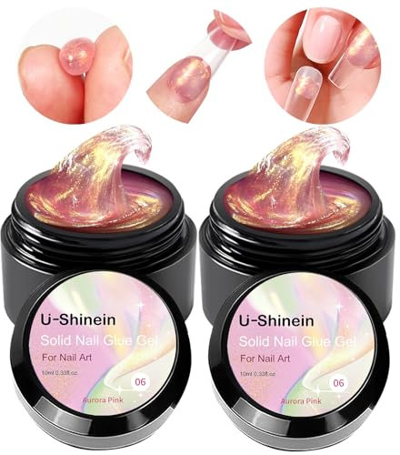 U-Shinein 2x10ml Solid Nail Glue Gel Kit, Clear Nude Nail Glue Gel for Acrylic Nails Tips, Press on Solid Glue Gel, Nail Art Manicure Glue Gel, 2*Colorful Pink