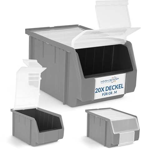HMH Stapelboxen der Größe M 230x150x130mm für dein Kleinteilelager Sichtlagerkästen in 5 Farben Zubehör wie Deckel Trennsteg Etikett Wandschiene Sortierkisten (Deckel, 20 Stück)