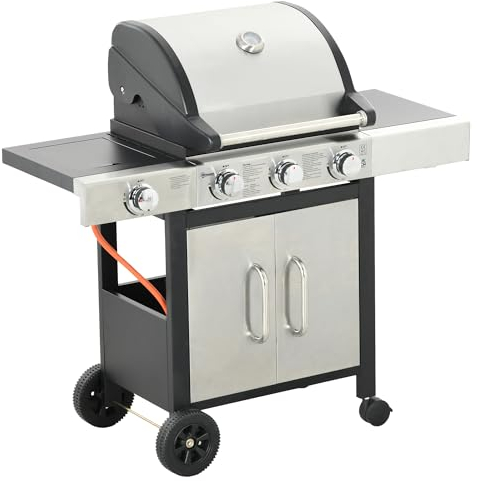Outsunny Gas Barbecue Grill 3+1 Burner Garden Smoker BBQ Trolley w/Side Burner Warming Rack Side Shelves Storage Cabinet Piezo Ignition Thermometer Stainless Steel + Metal