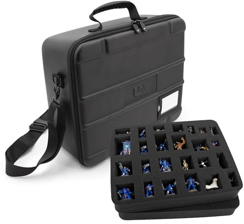 CASEMATIX Miniature Carrying Case with Programmable Lock - Fully Customizable Miniature Storage Case with Two Pluck Foam Foam Trays For Minis, Adjustable Shoulder Strap, ID Card Holder and More!