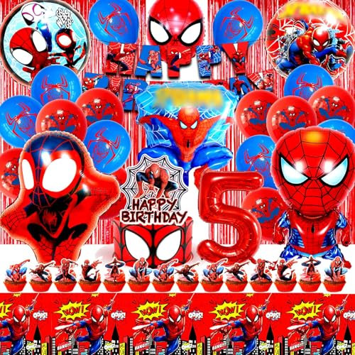 Spiderma Geburtstagsdeko 5 Jahre, 51 Stück Spider Dekoration Geburtstag Set, Spider Deko Geburtstag Kinder, Spiderma Luftballon, Party Deko, Kuchen Dekoration, Tischdecke, Banner, Kinderfeste
