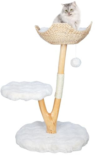 lnitnel Solid Wood Cat Tower, Authentic Branch Cat Tree with Scratching Post and Cat Bed, Durable Furniture for Heavy Cats, for Cat Lovers, White