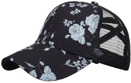 Ruicheng Pferdeschwanz Cap Damen Blumen Mesh Cap Sommer Atmungsaktiv Kappe Basecap (DE/NL/SE/PL, Numerisch, 56, 60, Schwarz)