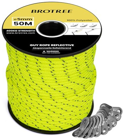BROTREE Abspannseile Camping 50m Zeltschnur mit 10 x Spanner 5mm Reflektierend Abspannseile mit Seilspanner für Zelt Camping Sonnensegel Vorzelt (Neon Gelb)