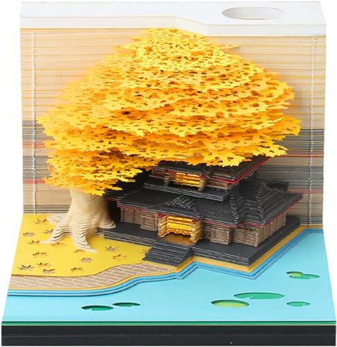 Starnearby 3D-Notizblock, 3D Kalender Abreißen 2025, 2025 Tischkalender-Notizblock mit Licht, Kreative Magic Baum Haftnotizen, Papierskulptur Desktop Ornament (Gelb Baum mit Licht)