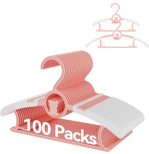 trusir Baby-Kleiderbügel, ausziehbar, 27,9–35,6 cm, 100 Stück, rutschfeste Kinder-Kleiderbügel, stapelbar, platzsparend, Kleinkind-Kleiderbügel, für Schrank, Rosa, 100 Stück