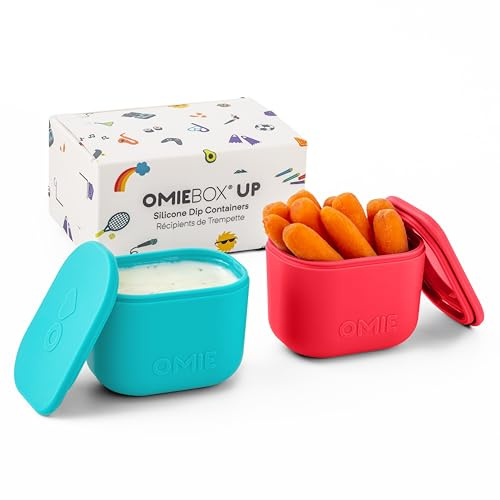 Omie Box UP - Recipientes a prueba de fugas para aderezo de ensalada, recipiente para condimentos con tapas, silicona apta para alimentos, 4.5 onzas (rosa/verde azulado)