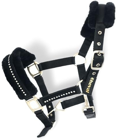 Halfter für Pferde mit Glitzer Steinen, Fell Halfter Pferd in schwarz mit Strass, 2-Fach verstellbar (Schwarz, Shetland Pony (Shetty))