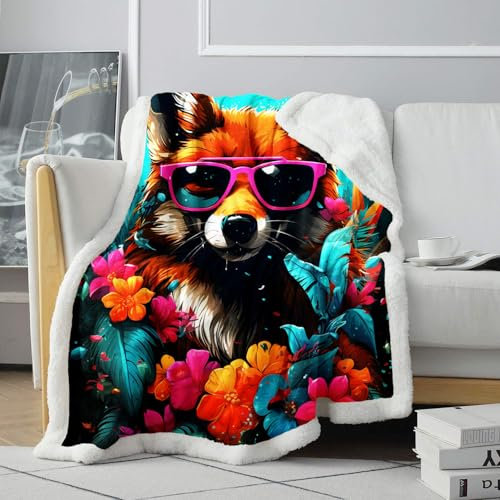 Sherpa-Wolldecke, Fuchsboss mit Sonnenbrille, Decke, weiche und warme Decke aus Wollmaterial, Wolldecke, Sofadecke, geeignet für alle Jahreszeiten, Familie und Freunde