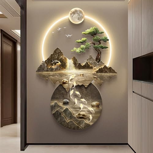 YuchiFa Decoración de pared 3D, esculturas de pared con luz LED, lámpara de pared decorativa, pinturas murales chinas para el hogar, entrada, dormitorio (#3)