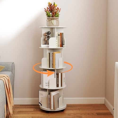 Nisorpa 4-stöckiges Drehbares Bücherregal Rund Bücherorganisator Bewegliche Stehendes Regal mit 4 Lenkrollen Ecke Bücherregal Weiß Rotating Bookshelf