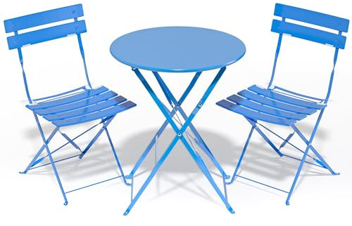 RELAX FIELD Folding Bistro Table and Chairs Set of 2, Balcony Furniture, Outdoor Garden Bistro Set for 2, Small Garden Furniture Set 3 Piece, Blue
