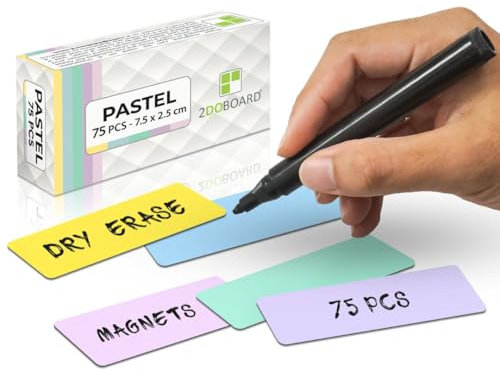 2DOBOARD Magnetstreifen beschreibbar - 7,5 cm x 2,5 cm Pastel - 75 Stück - Magnetschilder zum beschriften – Für Kühlschrank, Whiteboard & Tafel - Magnetetiketten