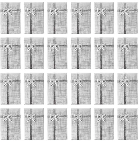 24 Pcs Schmuck Geschenkbox mit Schleife, Punkt Papierbox Klein, Karton Geschenkbox mit Deckel, Rechteckige Geschenkschachteln mit Schaumstoffeinlage für Ring Halskette Hochzeit Geburtstags (Silber)