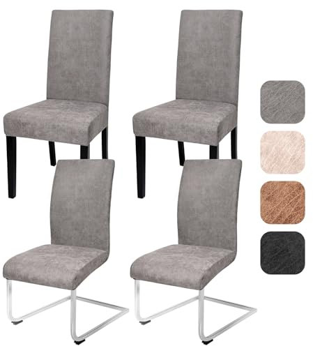 Alishomtll Sämischleder Stuhlhussen 4er/6er Set Vintage PU Stretch Stuhlbezug Elastische Universal Esszimmer Stuhlbezüge Abnehmbar Waschbar Stühle Schutz für Küche Restaurant Hotel (Grau, 4 Stück)