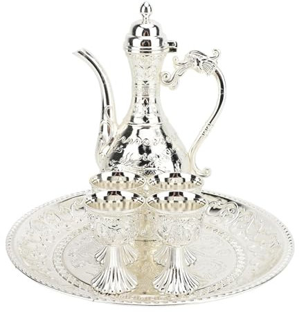 Taza con Bandeja de té de Tetera Turca, Juego de té Turco Versátil de Metal Práctico Multiusos para Bar (SILVER)