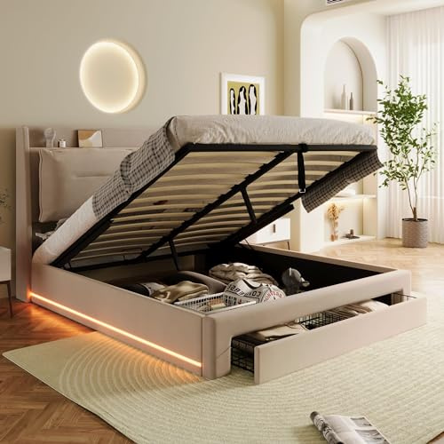 Merax 4ft6 Double Ottoman Bed, Upholstered Bed with Footboard Drawers, Velvet Bed Frame with LED Light Strips, Storage Headboard, Velvet, Beige/135x190cm(No Mattress)
