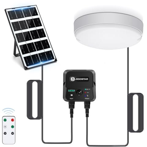 Aigostar Luz Solar Exterior con Sensor 35W Plafón LED Techo Solar Interior con Caja de Almacenamiento de Energía, Mando a Distancia, IP65 Impermeable, Cable de 8m, Ajustable 6500K
