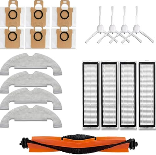 17 paquetes de piezas de repuesto para robot aspirador xiaomi X10, las piezas de repuesto incluyen 1 cepillo principal, 4 paños de fregona, 4 filtros Hepa, 4 cepillos laterales, 6 bolsas de polvo. (6