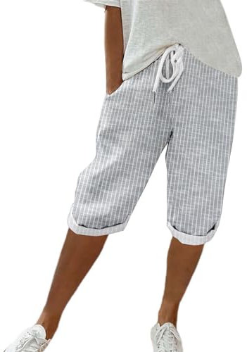 Pantaloncini al ginocchio da donna con elastico in vita, pantaloni Capri da donna, pantaloni corti a righe alla moda con tasche casual per uscire pantaloni corti comodi in cotone e lino pantaloncini a