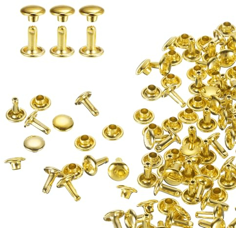 QUARKZMAN 100 uppsättningar 7 x 8 mm lädernitar, dubbla nitar hålnitar kolstål runt huvud snaps rörformade metallstift för bälte dekoration kläder gör-det-själv hantverk (guld)