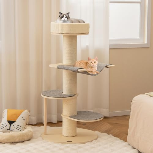 COSTWAY 120cm Kratzbaum Holz, Katzenbaum mit Hängematte, 14,5 cm dickem Stamm, 3 Plattformen, Sisal-Teppich & Kratzsäule, Katzenkratzbaum klein, Katzen Katzenmöbel, Kletterbaum Aktivitätsbaum, Natur