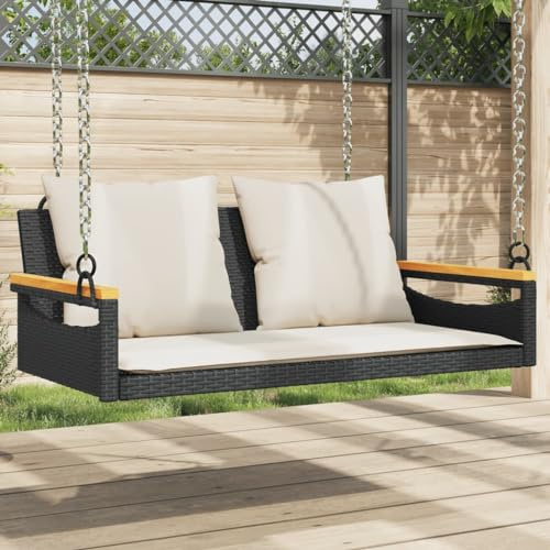Bucmath Hängebank mit Kissen Schwarz 109x62x40 cm, Poly Rattan Hollywoodschaukel, UV-beständig, wetterfest für Garten, Terrasse, Veranda