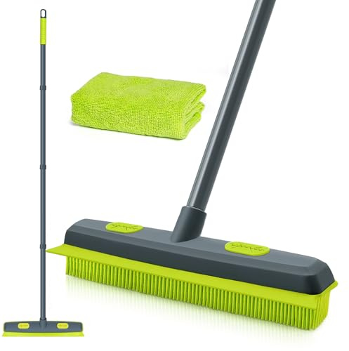 TidyBliss Rubber Broom with Squeegee, 140 cm Carpet Brush for Pet Hair, Fur Remover Tool with 1 Microfiber Cloth for Cleaning Rug, Tile, Hardwood Floor (Green)