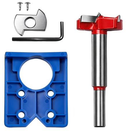 Hinge Jig 35mm Forstner Bit, Cup Hinge Jig, Blue Positioning Template with Red Drill Bit, for Woodworking Cabinet Door Projects Kitchen Door Concealed Fixture Installation