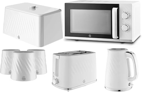 Swan Windsor White 7 Piece Kitchen Appliance & Storage Set – 1.7L 3KW Kettle, 2 Slice Toaster, 20L 800W Microwave, Bread Bin & Canisters Bundle Set – Textured Gloss Finish with Chrome Accents