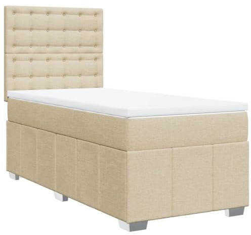 QJBSAVVA Boxspringbett 90x190 cm mit Matratze und Topper - Komplettbett Creme aus Stoff mit Taschenfederkernmatratze, Höhenverstellbares Kopfteil, Modernes Polsterbett für Schlafzimmer und Gästezimmer