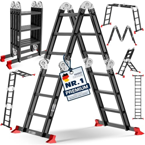 MASKO® Leiter Aluminium 4x3 Stufen, Mehrzweckleiter | - 360 cm | | 150 Kg belastbar, 6in1 multifunktional mit Verriegelung, Gelenkleiter, Anlegeleiter, beidseitige Steh- und Treppenleiter