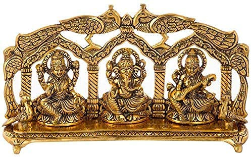 AONA Ganesha Lakshmi und Saraswati Idol Skulptur sitzend auf Pfau Thron Golden Höhe 14 cm Breite 28 cm