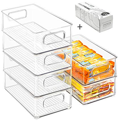 Contenedores organizadores apilables para refrigerador, paquete de 6 contenedores organizadores de cocina transparentes con asas y 20 bolsas de plástico para despensa, armarios, estantes, cajones,
