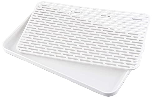 30 * 17,5cm Bandeja Escurridora Plástico, Escurridor Platos Cocina, Escurridor con Bandeja Goteo, Espesar Plástico Doble Capa Bandeja Secado Inclinada para Tazas, Cuencos, Frutas (Gris, Blanco)