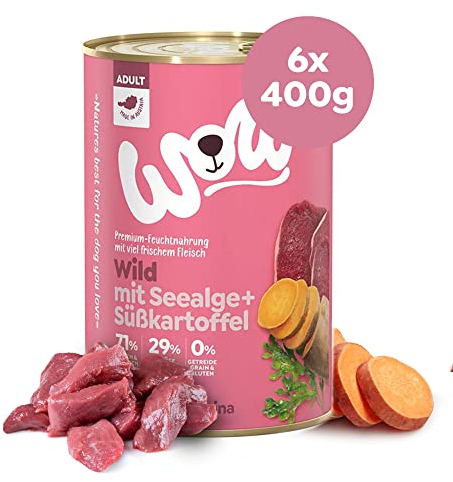 WOW Hundefutter nass Adult mit Wild, 6X 400g I reichhaltiges Nassfutter für ausgewachsene Hunde Aller Rassen I Beste Qualität mit viel Fleisch, Seealge & Süßkartoffel I hohe Verträglichkeit
