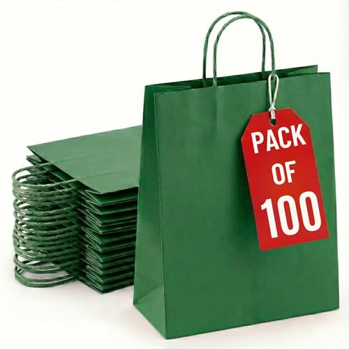 Kids Party Bags - 100Pcs Wrinkle Free Paper Party Bags with Twisted Handles - Green Party Bags, 100gsm Strong Recyclable Gift & Kraft Bags for Birthdays & Baby Showers 24×18×8cm