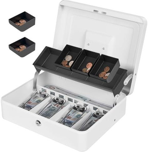 Sgorlds Caisse à monnaie en métal avec 4 billets, 5 pièces de monnaie, compartiment à monnaie et serrure à clé sur le côté, 30 x 24 x 8 cm, blanc