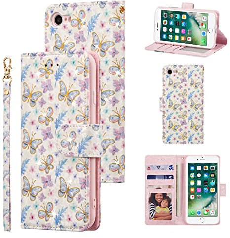 UEEBAI Wallet Case for iPhone 7 Plus/iPhone 8 Plus, PU Leather Phone Case Kickstand RFID Blocking Flip Case with Card Slots Wrist Strap Relief Engraved Pattern Magnetic Closure Folio Case - Butterfly