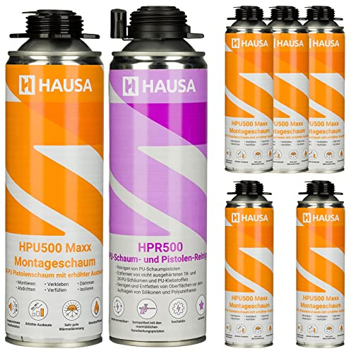 Hausa Mousse de Montage Mousse expansive 1K Grise HPU500 Maxx PROFESSIONAL 500ml et Détergent Hausa Mousse PU et Nettoyant pour Pistolet 500ml HPR500 Kit 6+1