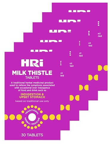 HRI Milk Thistle 30 Tablets - to Relieve Symptoms Associated with Over Indulgence of Food and Drink Such As Indigestion and Upset Stomach. 300 mg of Milk Thistle Extract. 6 Packs