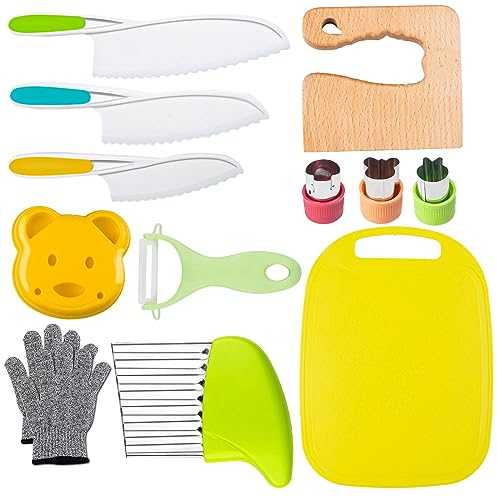 Leking 13 Pcs Kinder Messer Set mit Handschuhen Schneidebrett Bär Sandwich Cutter Obst Gemüse Cutters gezackte Kanten Kunststoff Kleinkinder Messer für echtes Kochen