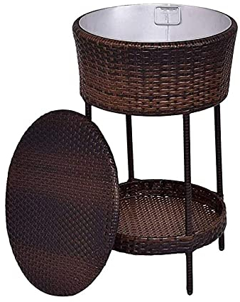 Side tables,Rattan Bar Table, Beer And Wine Cooler, Outdoor Cocktail Table with Ice Bucket,Wicker Round Ice Chest for Patio Picnic Beach